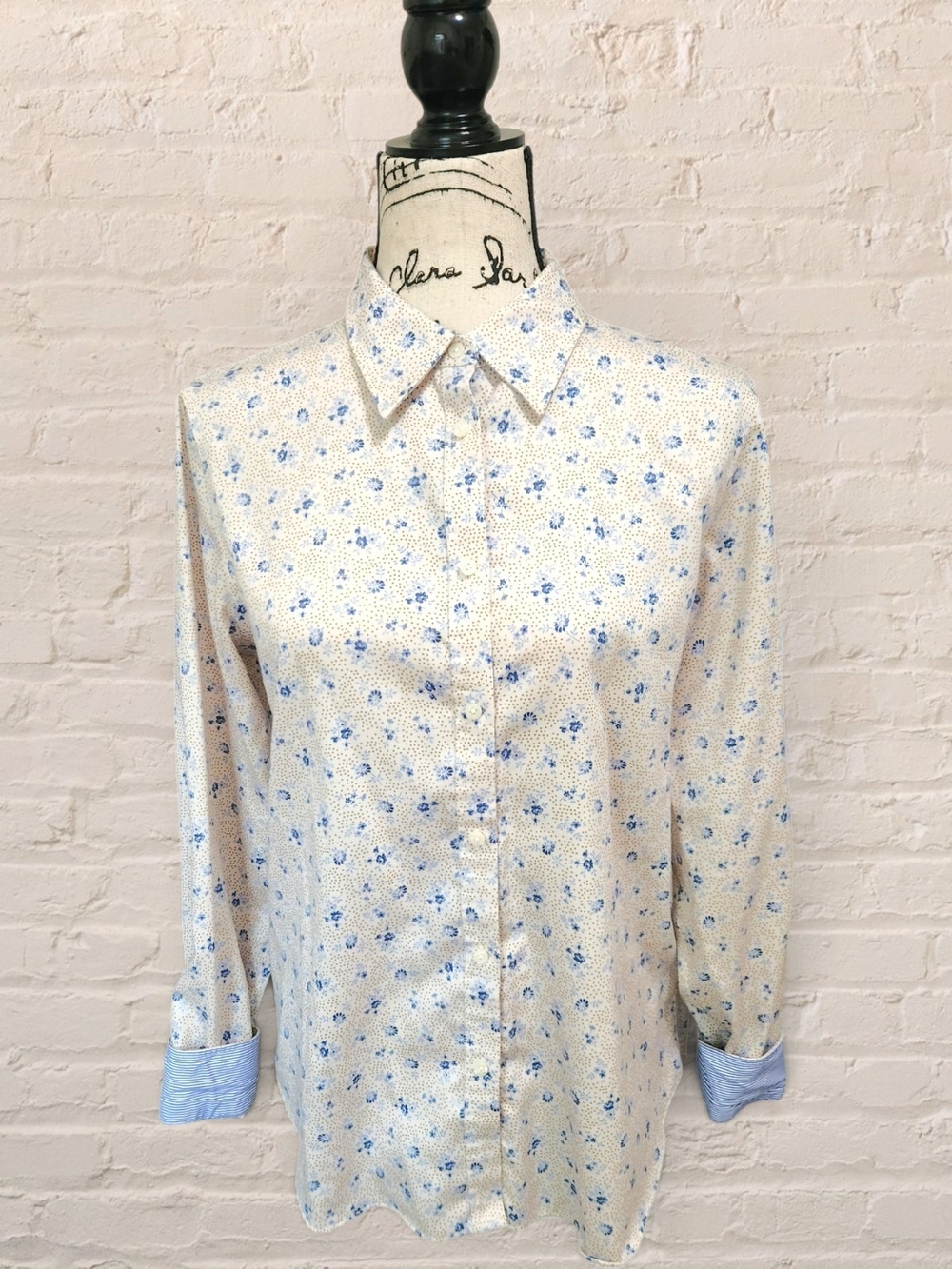 CHAPS Floral Ditsy Print Button Down Cotton Shirt Cream Blue L